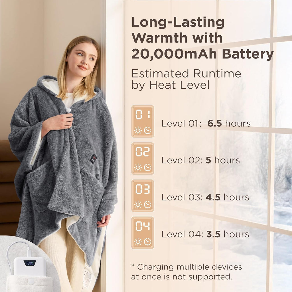 Bedsure Cordless Heated Blanket - Fluffy Electric Wearable Blanket Hoodie with 20000mAh Battery Pack, Portable USB Heated Shawl as Winter Gifts for Women Mom, 4 Heat Levels & 4 Timers, 55"x69", Grey