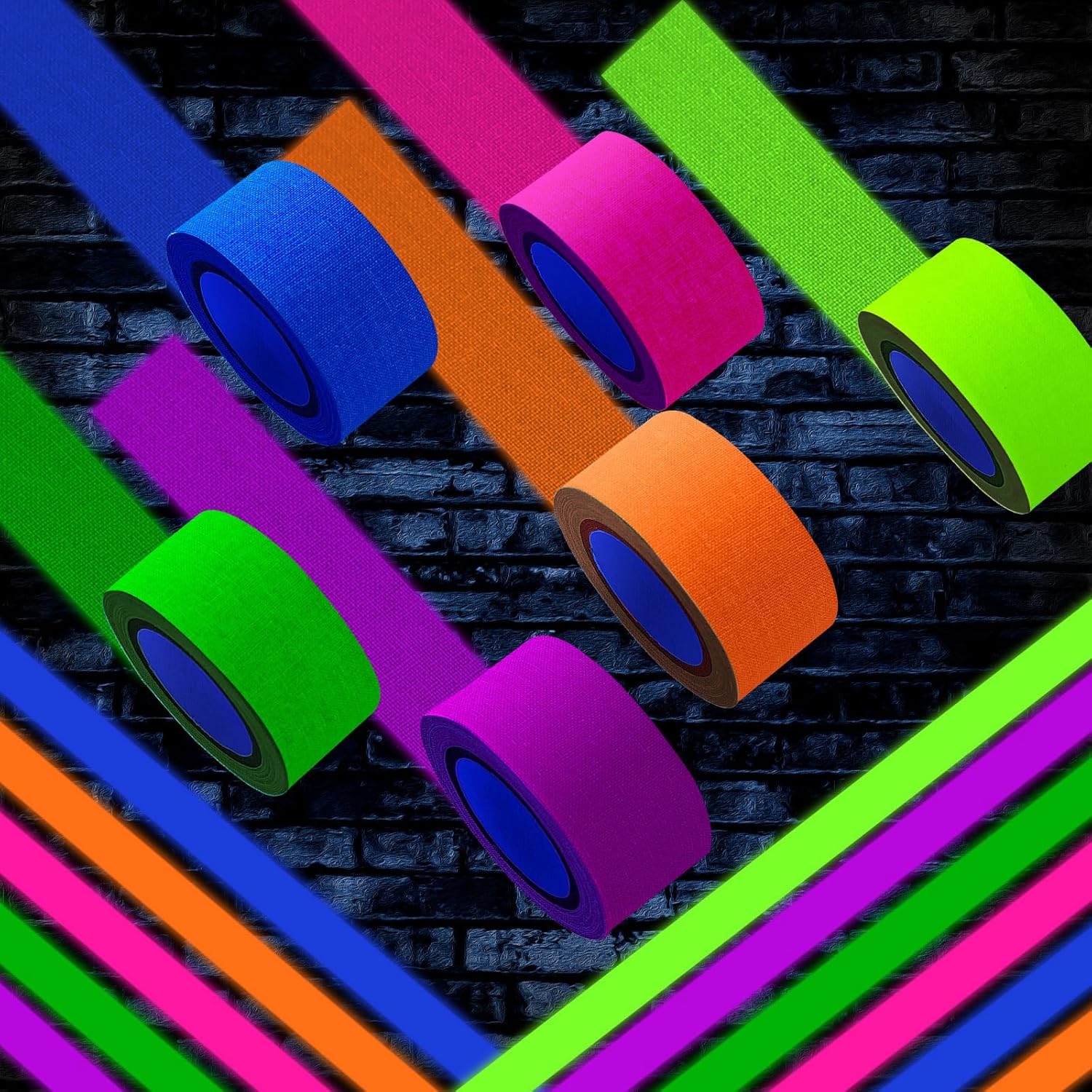 Whaline 6 Colors Neon Gaffer Cloth Tape Fluorescent Rainbow Color UV Blacklight Tape Neon Duct Reflective Tape for UV Party Theatres Staged Dark Areas(1 inch x 16.5 feet)