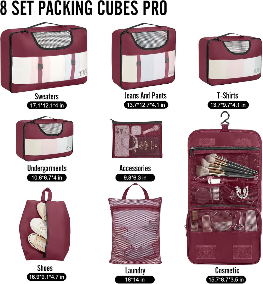 Veken 8 Set Packing Cubes for Travel Essentials, Christmas Gifts, Suitcase Organizer Bags in 4 Sizes, Carry-On Luggage Accessories with Large Laundry & Hanging Toiletry Bag, Must-Have for Airplane