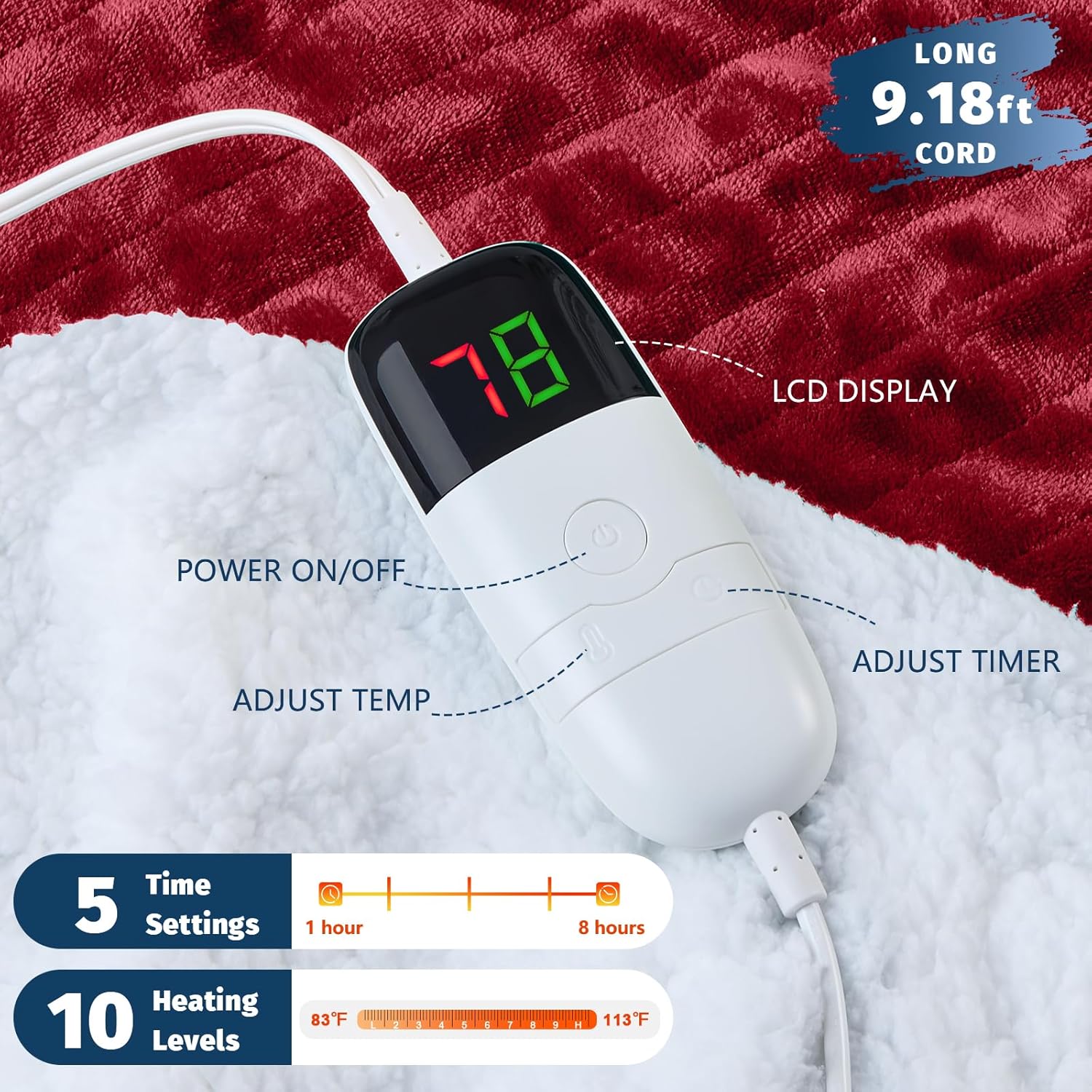 BOMOVA Heated Electric Blanket Full Size - 72" x 84" Heating Blanket with 10 Heating Levels & 8 Hours Auto Off, Warm Flannel Blanket, Christmas Birthday Gifts for Women