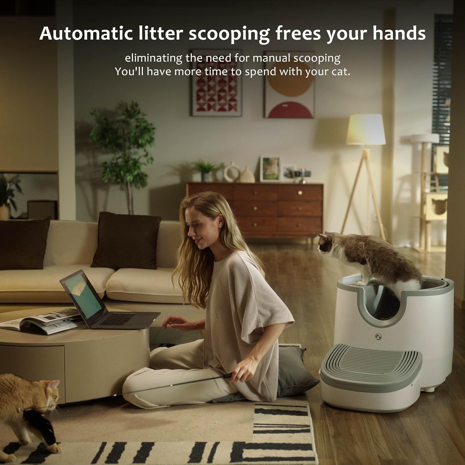 F8 Open-Top Automatic Litter Box Self Cleaning, Large Capacity for Multiple Cats with Integrated Safety Protection, Trash Bags Included
