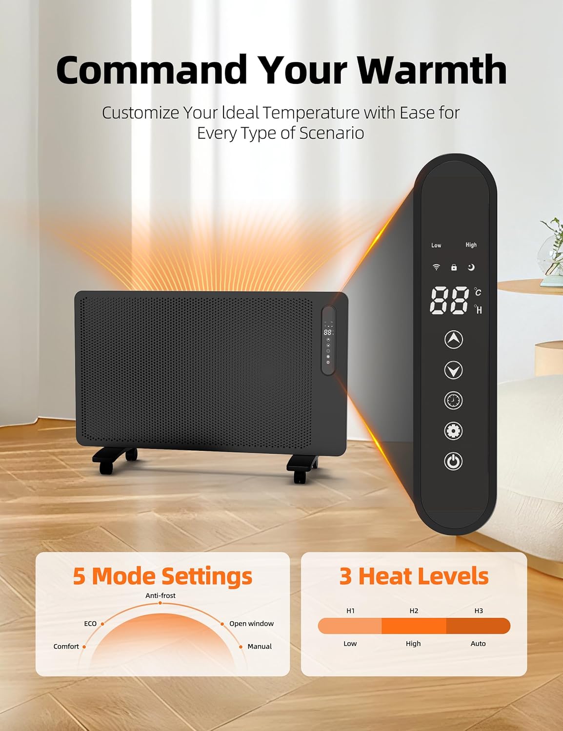 Energy Efficient Mica Infrared Space Heater for Large Room Indoor Use, Smart WiFi Wall Mounted or Portable Panel Heater, Fast Heating, Quiet, White