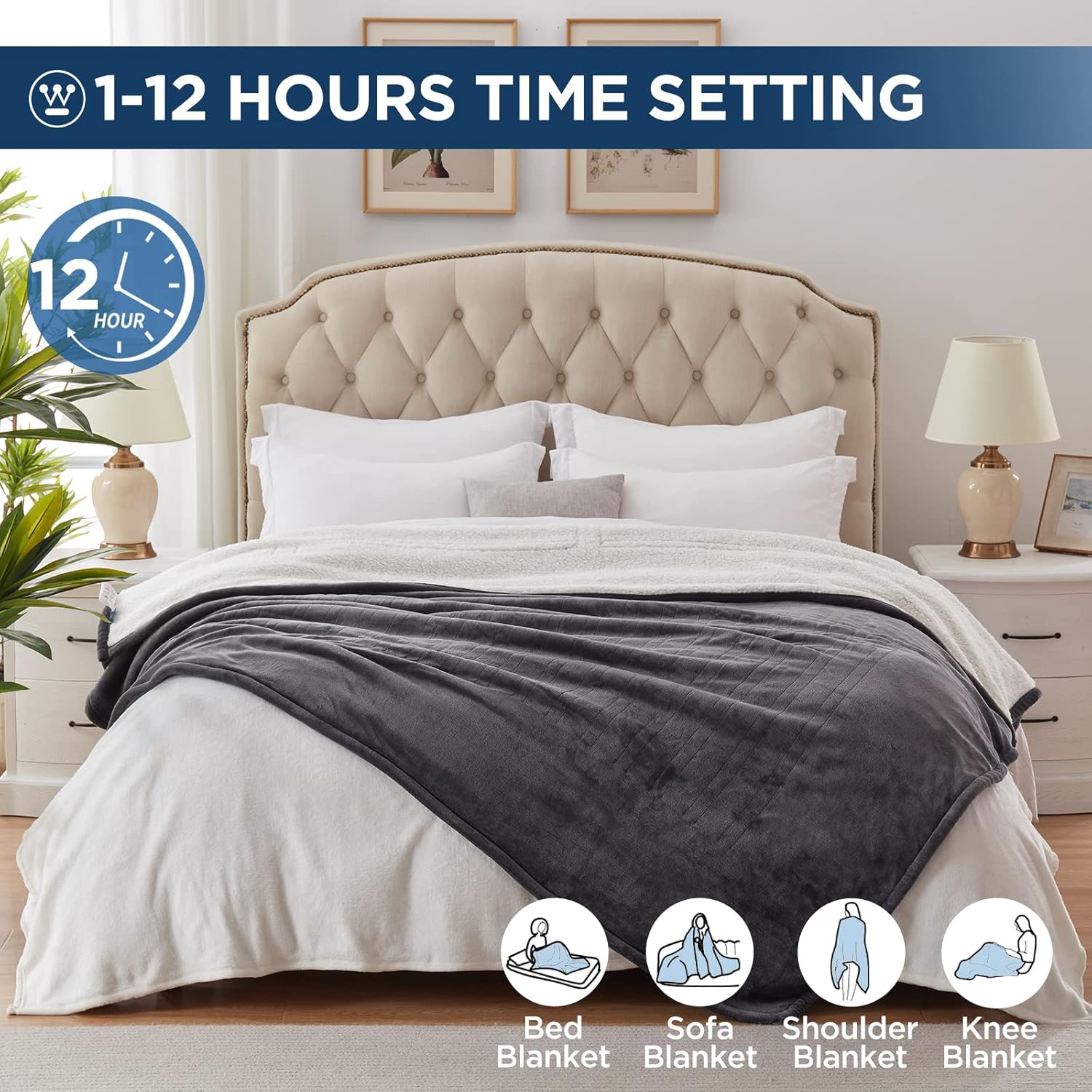 Westinghouse Electric Blanket Queen, Heated Blanket Queen Size with 10 Heating Levels and 1 to 12 Hours Heating Time Settings, Flannel to Sherpa Reversible, Machine Washable (84" x 90", Charcoal)