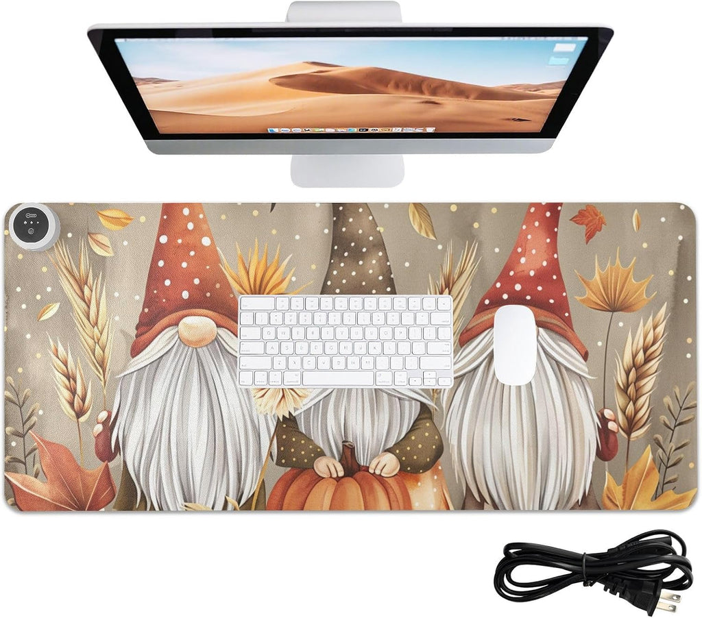 Heated Desk Pad Mouse Pad 31.5x13 Inch PU Leather Desk Mat with 3 Heat Levels Large Mouse Gaming Computer Laptop Mat Pumpkin Gnomes Maple Leaf