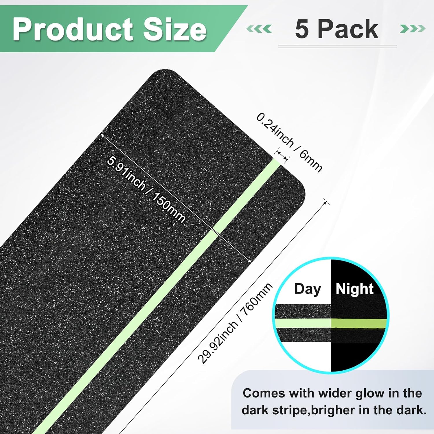 5-Pack Anti Slip Traction Tape 30" x 6" Best Grip Tape Grit with 6mm/0.24" Glow in Dark Stripe High Traction Friction Abrasive Adhesive for Indoor/Outdoor Stairs[Black+Green]