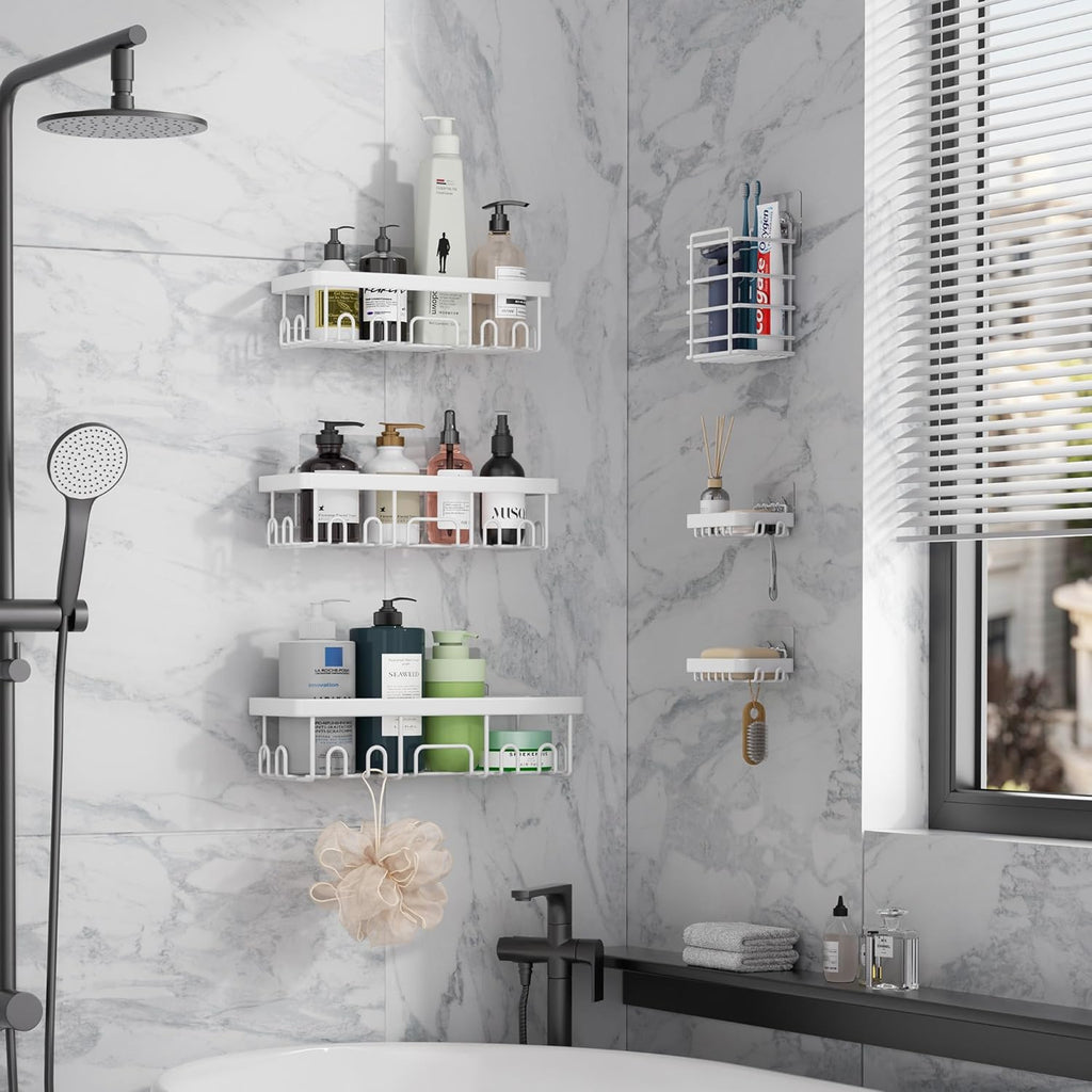 Veken 6-Pack Rustproof&Waterproof Shower Caddy, Adhesive Shelves Rack with Soap Holder, Large Bathroom & Washroom Organizer, No Drilling Wall-Mounted Kitchen&Home Decor,Ideal for Bathtub Storage,White