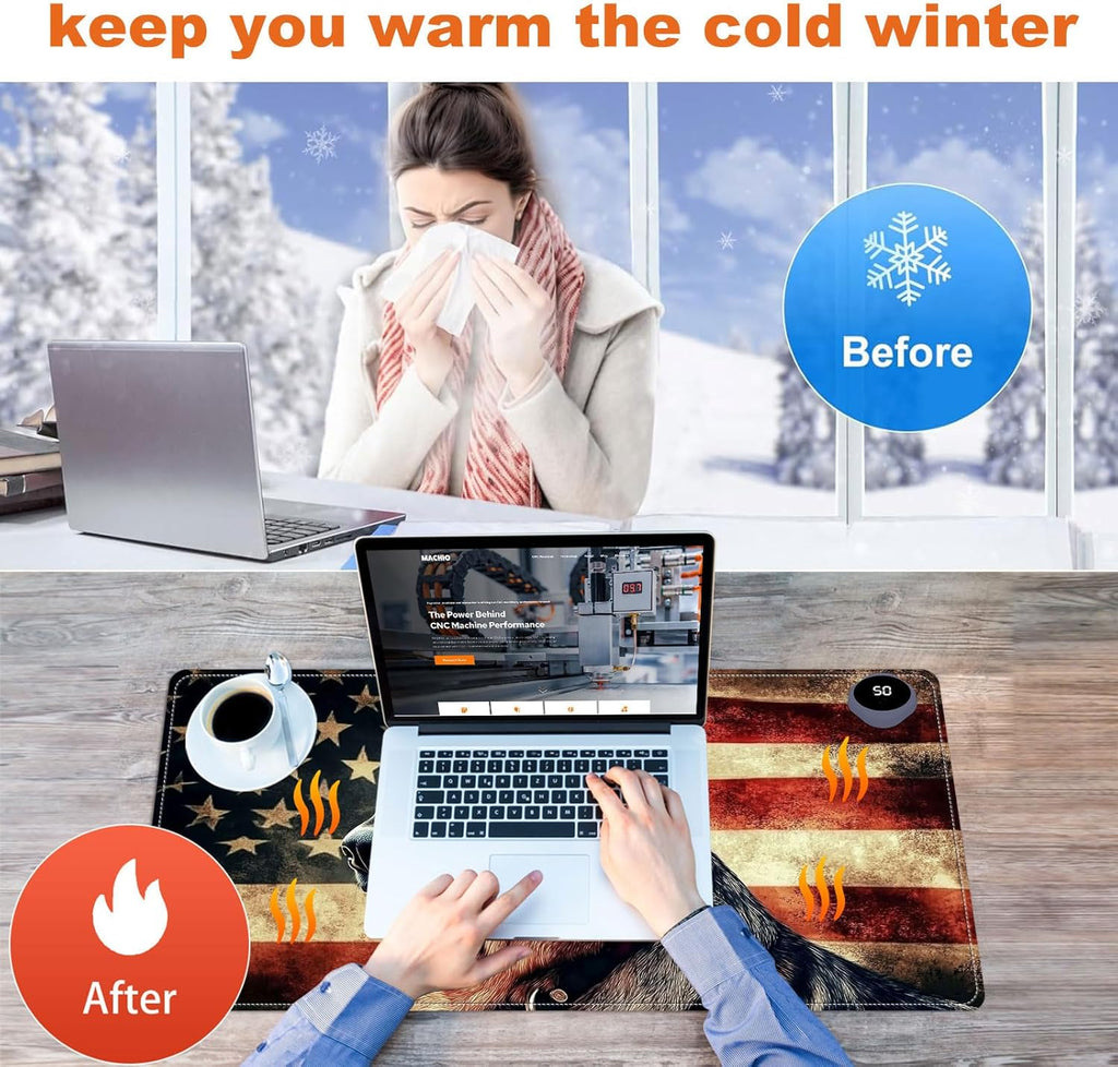 Heated Mouse Pad for Desk 31.5" x 13" – PU Leather Warm Desk Pad with 3 Heat Levels (104°F/113°F/122°F), Plug-in Electric Heating Mat with Auto Shut-Off, Waterproof & Rollable, German Shepherd