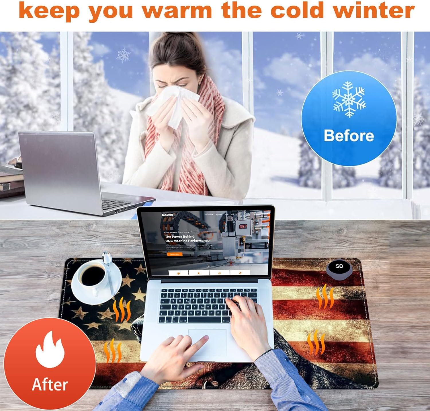 Heated Mouse Pad for Desk 31.5" x 13" – PU Leather Warm Desk Pad with 3 Heat Levels (104°F/113°F/122°F), Plug-in Electric Heating Mat with Auto Shut-Off, Waterproof & Rollable, German Shepherd