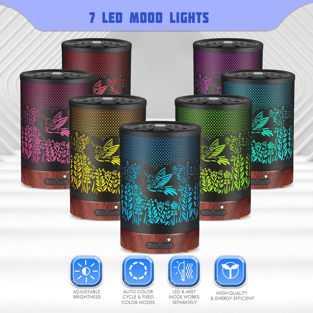 Metal Essential Oils Diffuser 150ML Aromatherapy Diffuser Cool Mist Humidifier with 7 Colors Lights Waterless Auto Off Air Diffusers as Gifts for Moms Women Girls (D-Hummingbird)