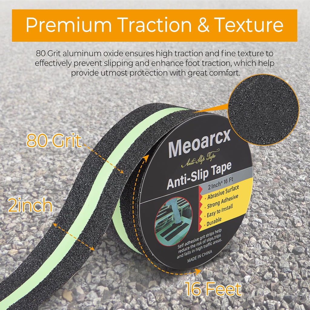 Anti Slip Traction Tape with Glow in Dark Green Stripe, 2 Inch x 16 Feet Waterproof Grip Tape, High Friction Abrasive Adhesive Non Slip Tape for Indoor and Outdoor Stairs, Black