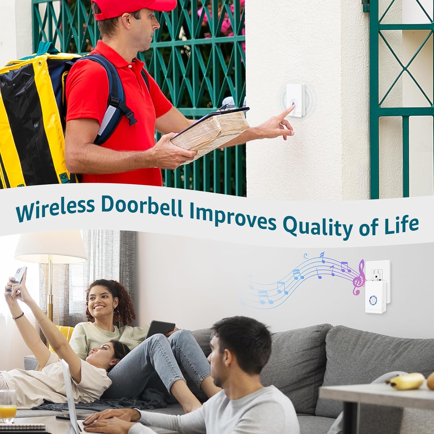 Greencycle Wireless Doorbell, Easy Installation, Plug and Play, 48 Ringtones, 5 Adjustable Volume, Loud Enough, 100FT-1300FT, IP66 Waterproof, Doorbell for Home,Classroom(1 Button +2 Receivers)