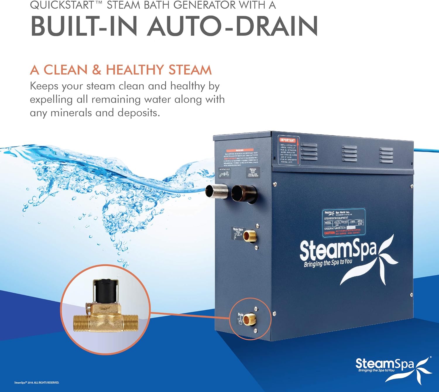 SteamSpa Executive 7.5 KW QuickStart ACU-Steam Bath Generator Package with Built-in Auto Drain and Install Kit in Matte Black | Steam Generator Kit with Dual Control Panel Steamhead 240V | EXT750MB-A
