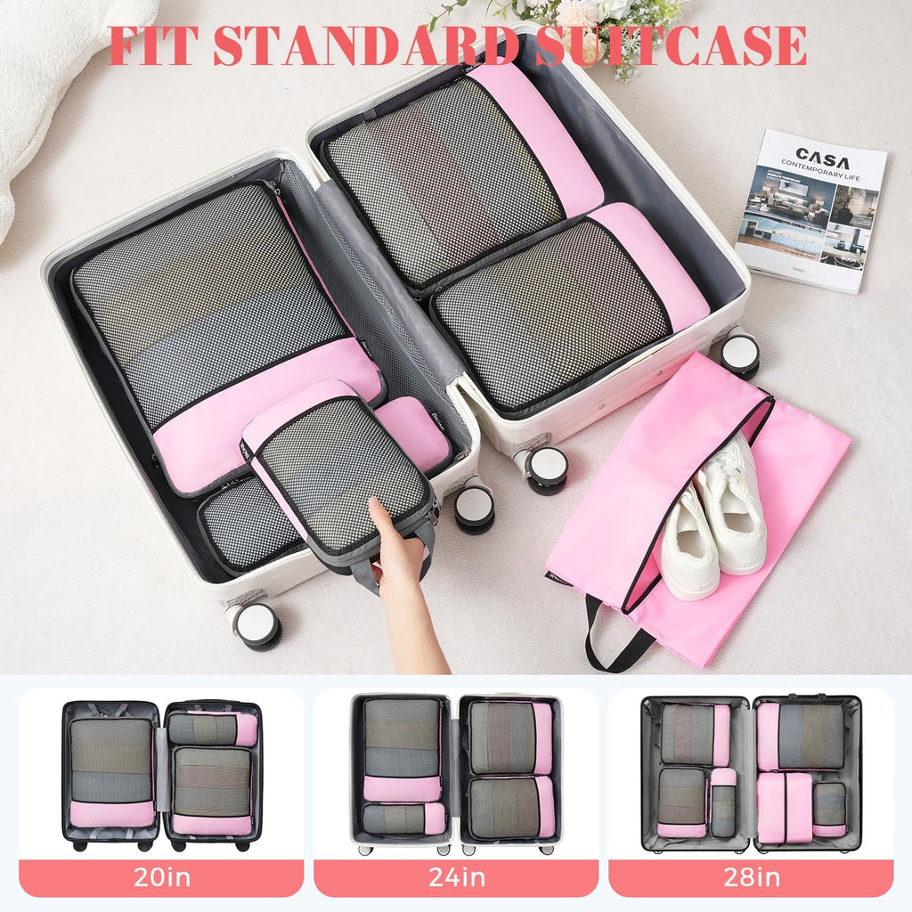 BAGAIL 4 Set/6 Set/8 Set Compression Packing Cubes Travel Accessories Expandable Packing Organizers (Half Mesh, 6-Pink)