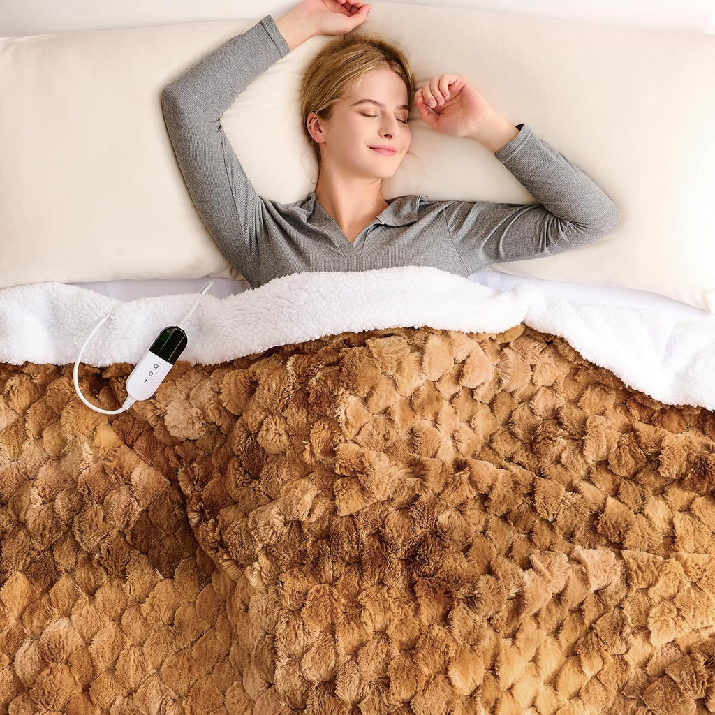 Homemate Heated Blanket Electric Throw - 50"x60" Heating Blanket Throw 1/2/4/6/8 Hours Auto-Off 10 Heat Levels Over-Heat Protection Luxury 800 GSM Faux Fur 200 GSM Sherpa ETL Certification