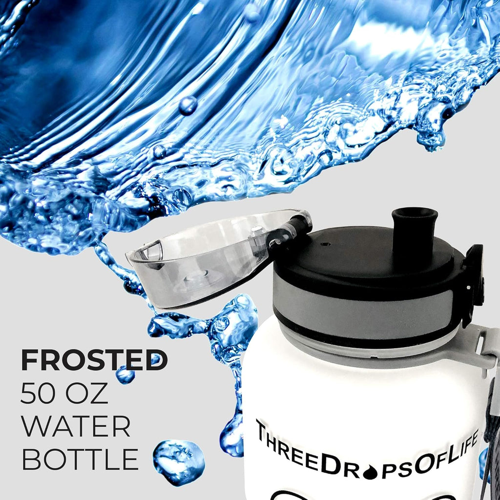 Three Drops of Life New 50oz Large Hydration Tracker Sport Water Bottles, Frosted Clear Tritan Plastic Bottle for Hydration Timer Tracking, Smart Remind Time Marker - Reusable, Leak Proof, BPA Free