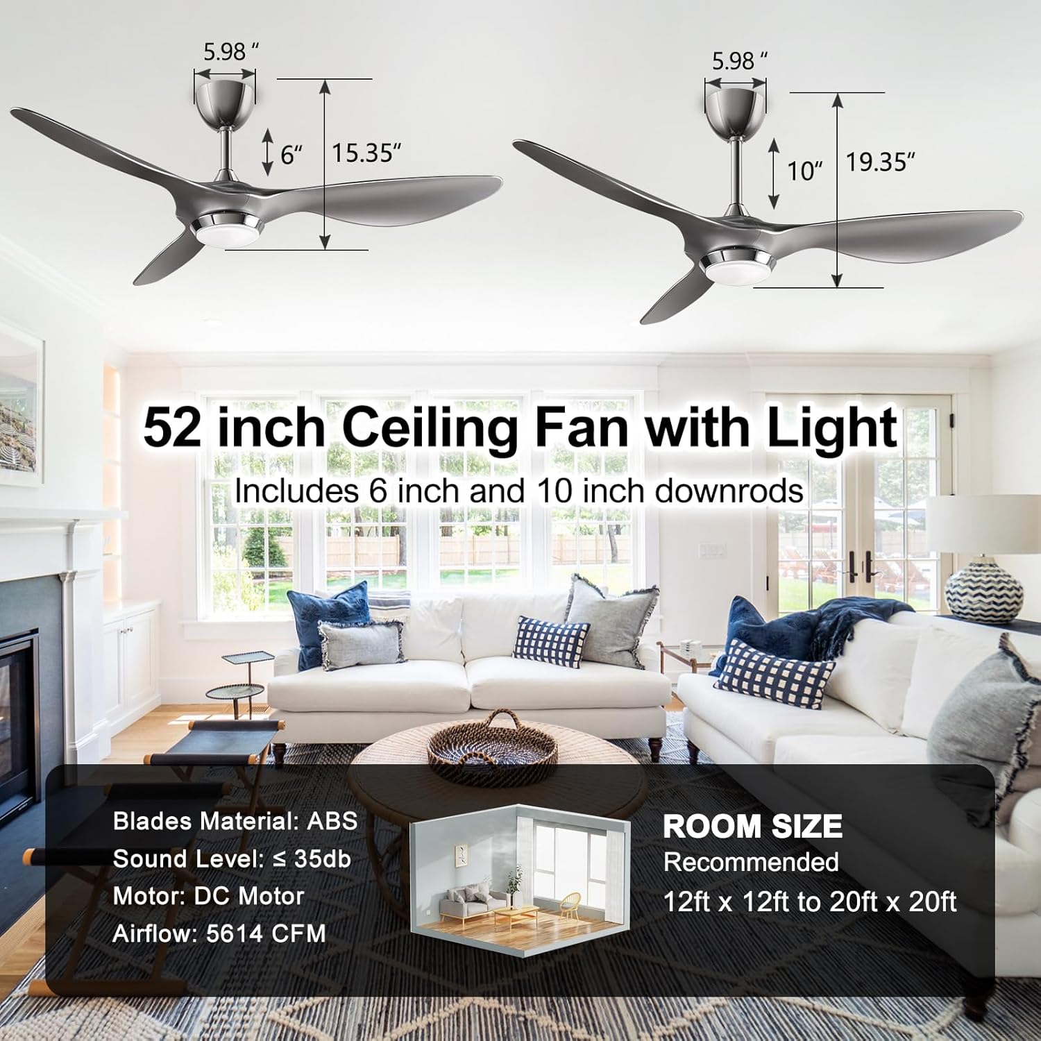 reiga 52 Inch Modern Smart Wifi Ceiling Fan with Light and Remote Control, Living Room Bedroom patio 3 Blade Ceiling Fans with Reversible Mute DC Motor, Silver