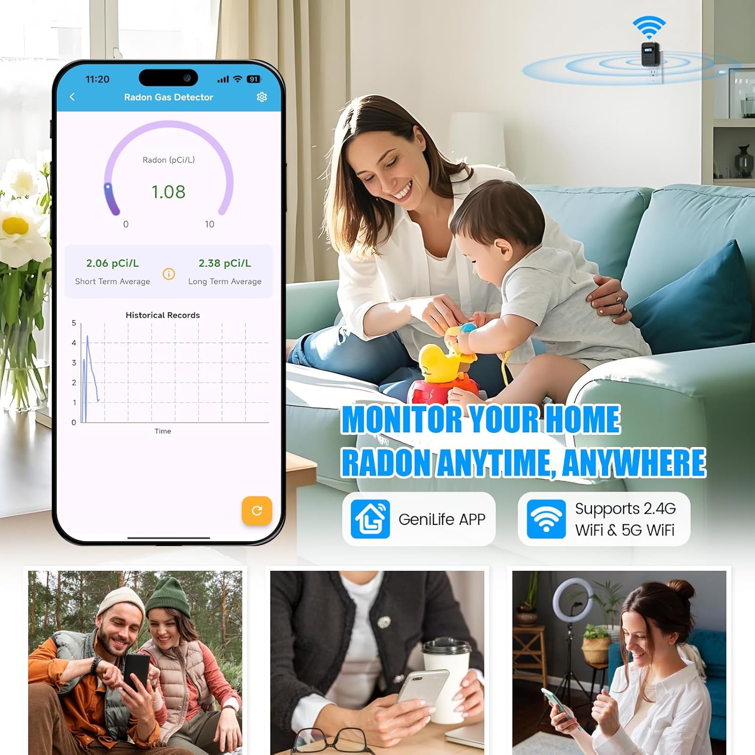 WiFi Home Radon Detector, Portable Radon Meter with Real-Time Short & Long-Term Monitoring, Plug-in Design, Instant Alerts & App Control, 2.4 & 5GHz Dual-Band WiFi Compatible