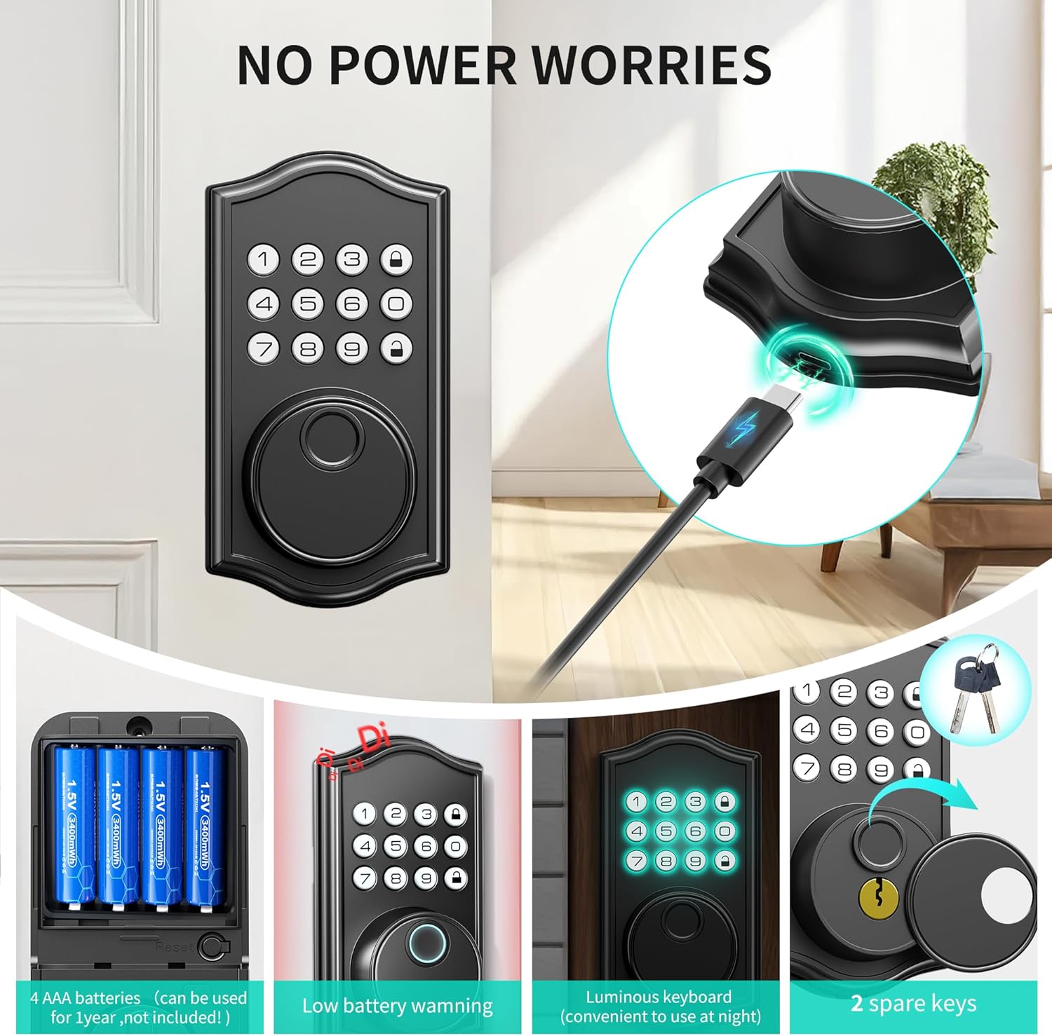 Keyless Entry Door Lock Deadbolt with Handle Set,Fingerprint Smart Locks for Front Door,Backlit Digital Keypad Deadbolt with 2 Keys - Auto Locking - Easy Installation-Left/Right Doors (Matte Black)