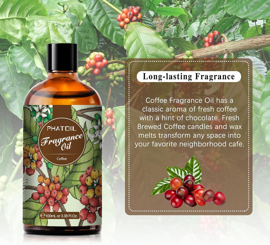 PHATOIL 3.38FL.OZ Coffee Fragrance Oils for Aromatherapy, Essential Oils for Diffusers for Home, Perfect for Diffuser, DIY Candle and Soap Making, DIY Scented Products - 100ml