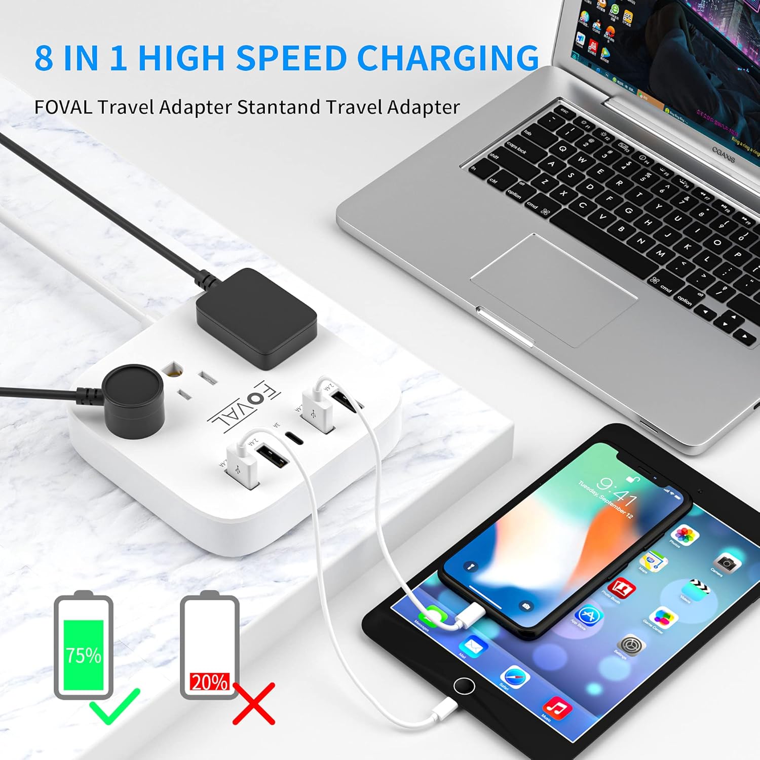 European Travel Plug Adapter, FOVAL EU UK US Power Strip with USB C and 4 USB Ports, 3 AC Outlets, Wall Mountable, 5ft Extension Cord, Compact for Travel, Cruise Ship, Home Office (White)