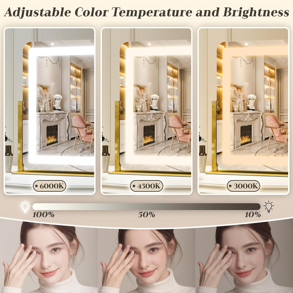 ROLOVE Gold Vanity Mirror with Lights - Smart Touch Dimming, 3-Color Lighting, 360° Rotatable Desktop Makeup Mirror for Desk, 22"x17"