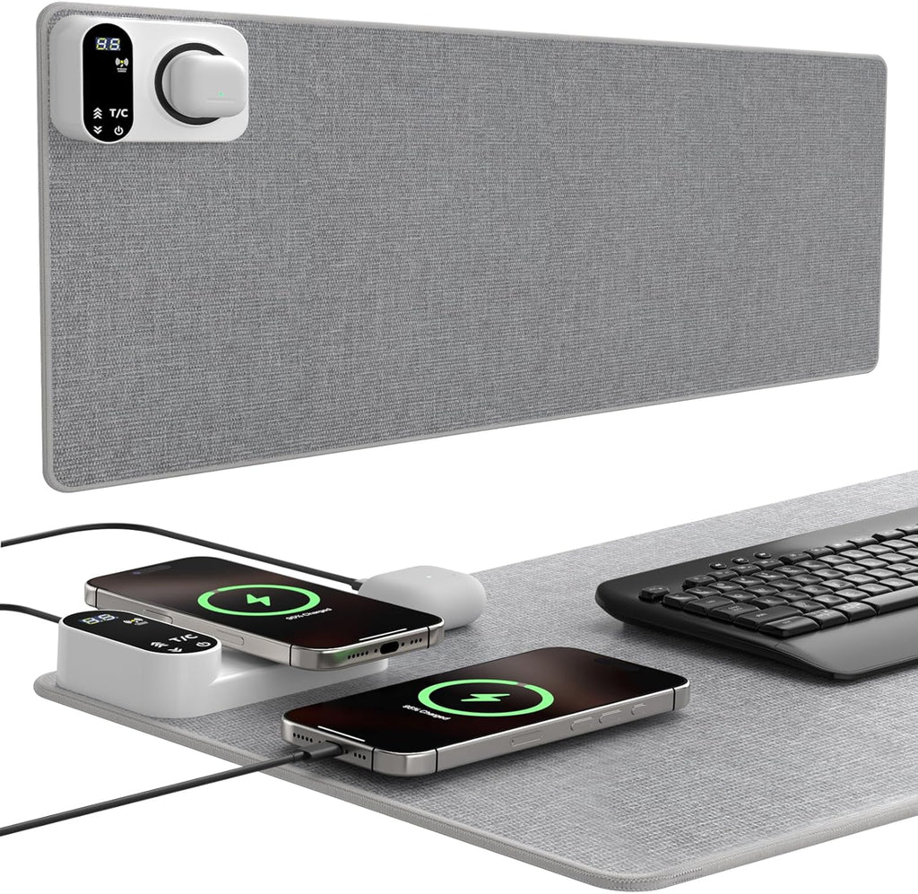 Heated Desk Mat, 10-Second Fast Heating Desk Heater Mat with 3-in-1 Charging (15W Wireless + Type-C + USB-A), Large 31.5" x 13" Waterproof Mouse Pad, 2–6H Auto-Stop, Ideal Office & Home Christmas Gift
