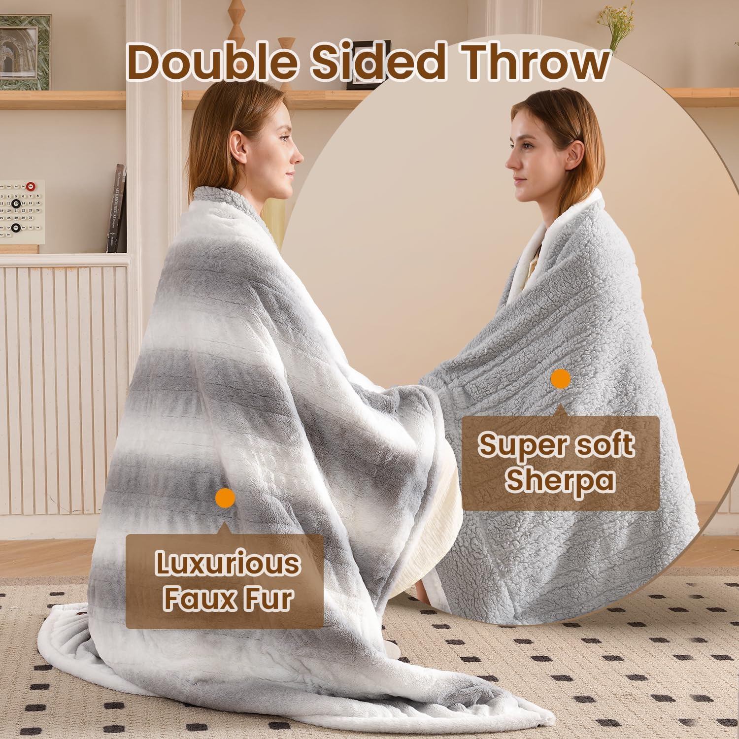 Bearhug Heated Blanket 6 Heat Settings Electric Blanket, 4-Hour Auto Shut-Off, Luxurious Faux Fur & Sherpa Dual-Sided Heated Throw, Machine Washable, 50 x 60 Inches, Gift-Ready Elegant Packaging