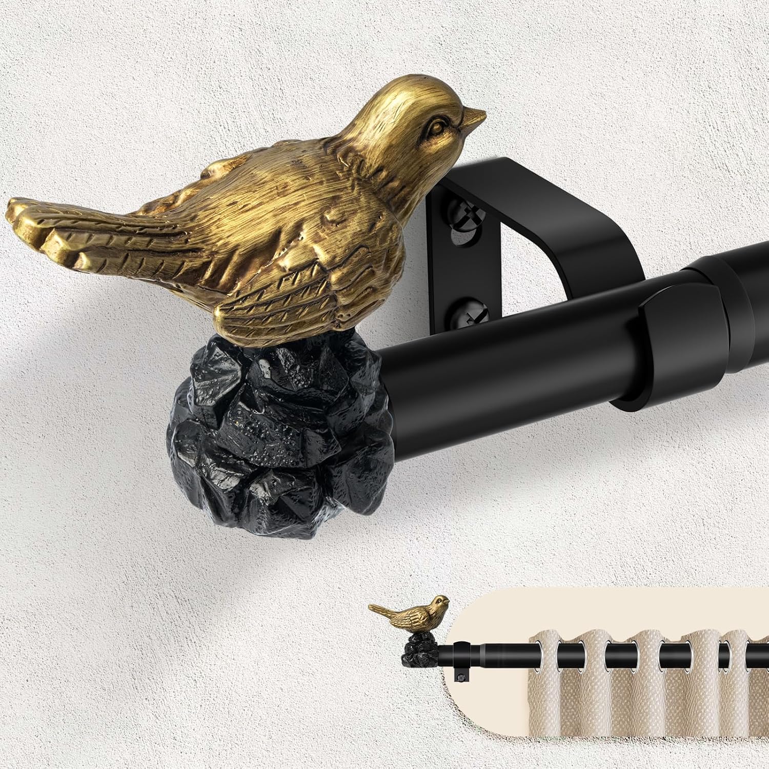 Decorative Black Curtain Rod 36 to 120 Inches Adjustable Drapery Rod with Bird Finials Heavy Duty Curtain Rods for Windows Living Room Kitchen