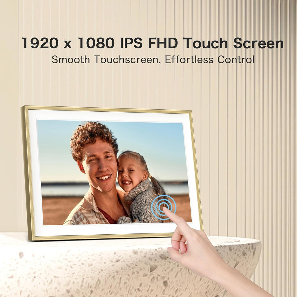 Digital Picture Frame, 15.6 inch Large Digital Photo Frame WiFi, 32GB Capacity, 1920 * 1080 IPS FHD Touch Screen, Electronic Frame Slideshow, Tabletop&Wall-Mounted, Gifts for Mom, Women, Golden