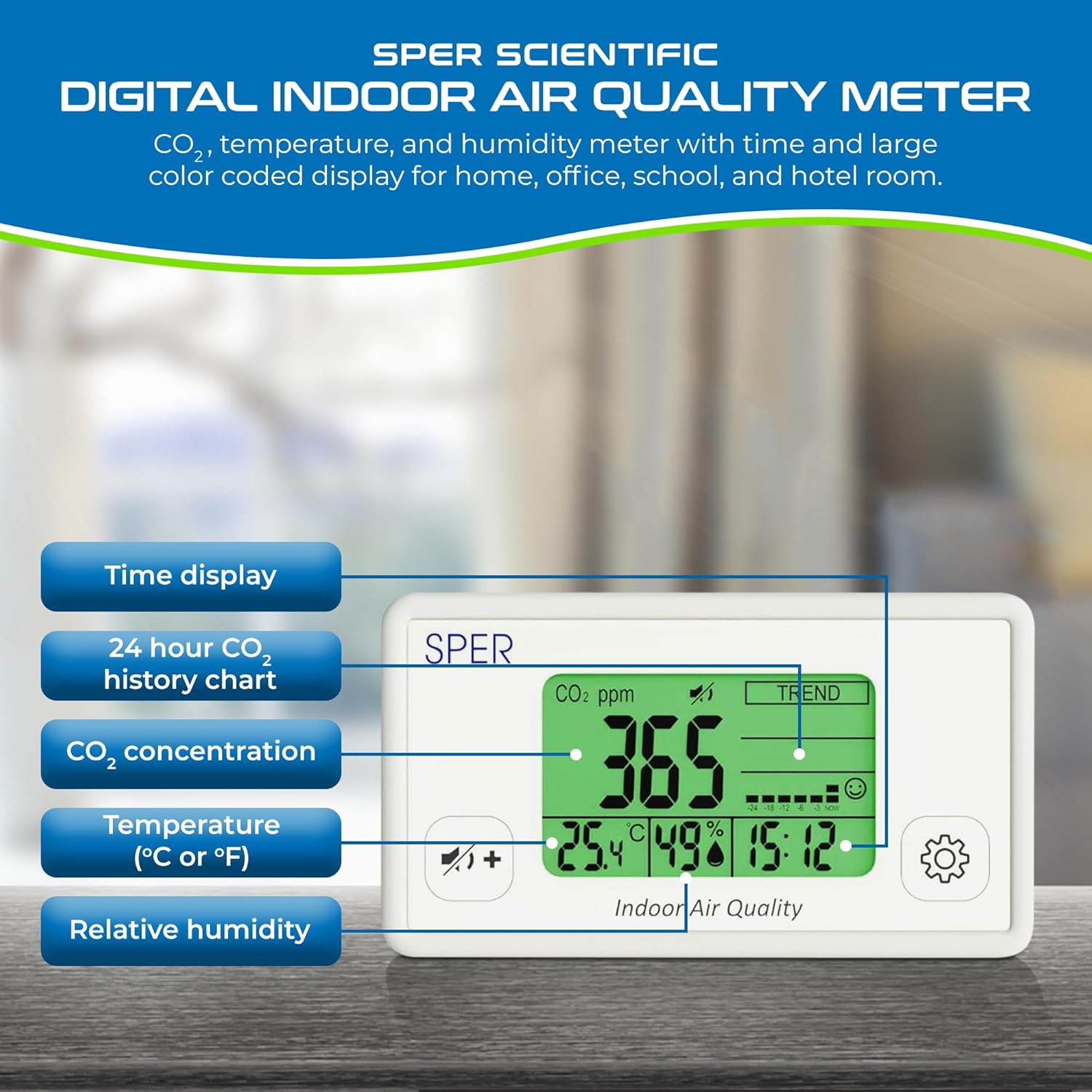 Sper Scientific Indoor Air Quality Monitor with Color Coded Display | Model 800052