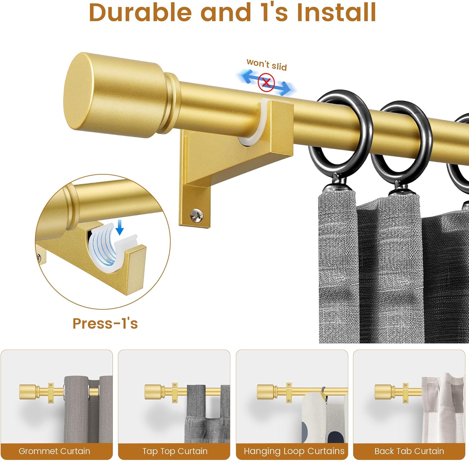 Gold Aluminium Curtain Rods for Windows,1 Inch Adjustable Curtain Rod 72 to 144 Inch,Heavy Duty Drapery Rods with Thicken Bracket,Modern Single Rod with Aluminium Finials