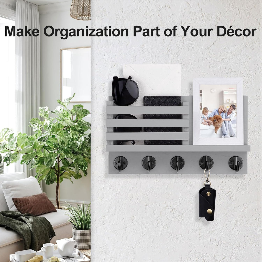 Key Holder for Wall – Decorative Wooden Mail Holder and Key Shelf with Mounting Hardware, Installation Guide – Paulownia Wood with 5 Metal Key Hooks (11.8” x 6.7” x 2.8”)