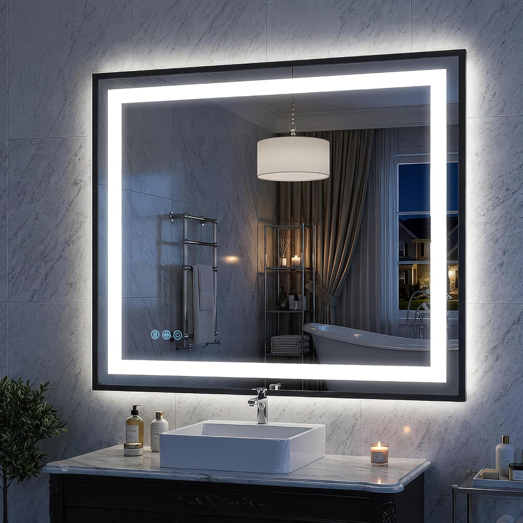Antok 30X36 LED Bathroom Mirror with Lights, Vanity Mirror for Wall with Black Frame, Touch Control, Anti-Fog, Dimmable Lights, Shatter-Proof, Memory Function, Wall-Mounted Vanity Mirrors