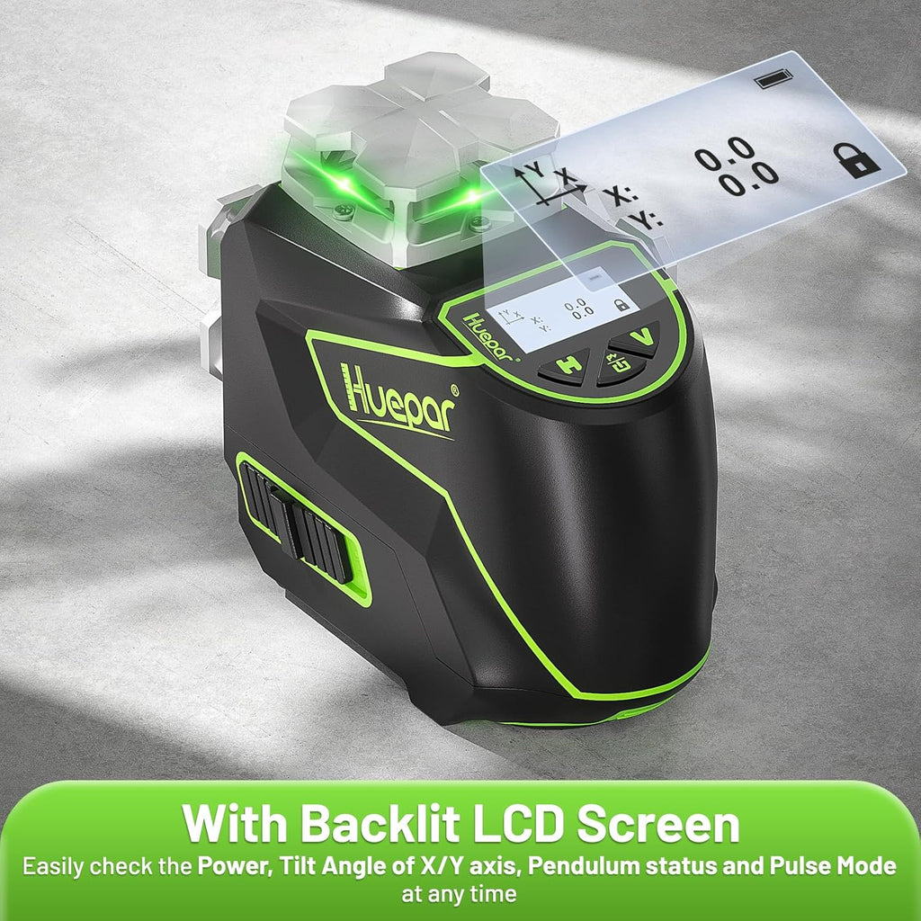 Huepar Laser Level, Self Leveling 12 Lines Cross Line Laser with LCD Screen 3 x 360° Bluetooth Connected Green Beam Laser Tool, 3D Horizontal & Vertical Laser Line -Remote Control&Rechargeable Battery