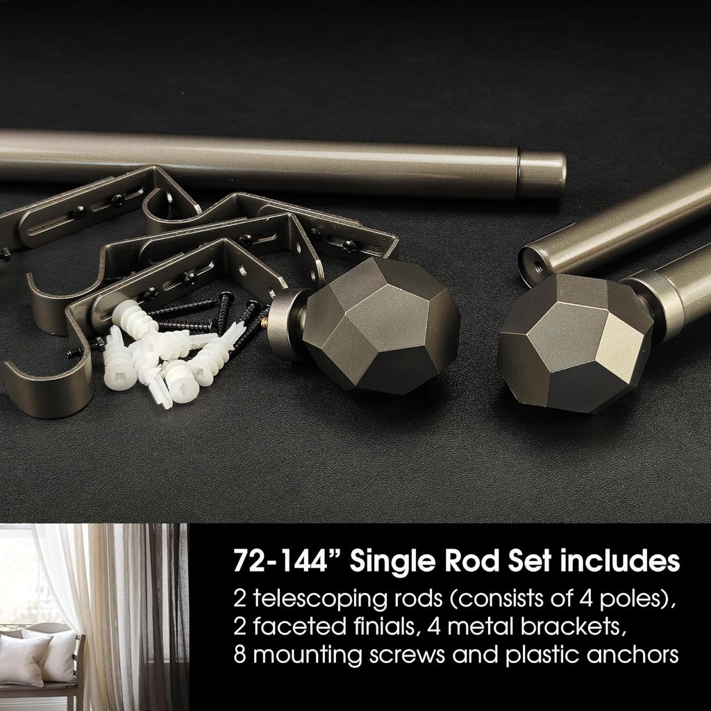 1-1/8 Inch Diameter Burnished Silver Curtain Rod with Geometric Faceted Finials, 72-144'' Telescoping Single Curtain Rods for window width 68-140 inch, 1 pack