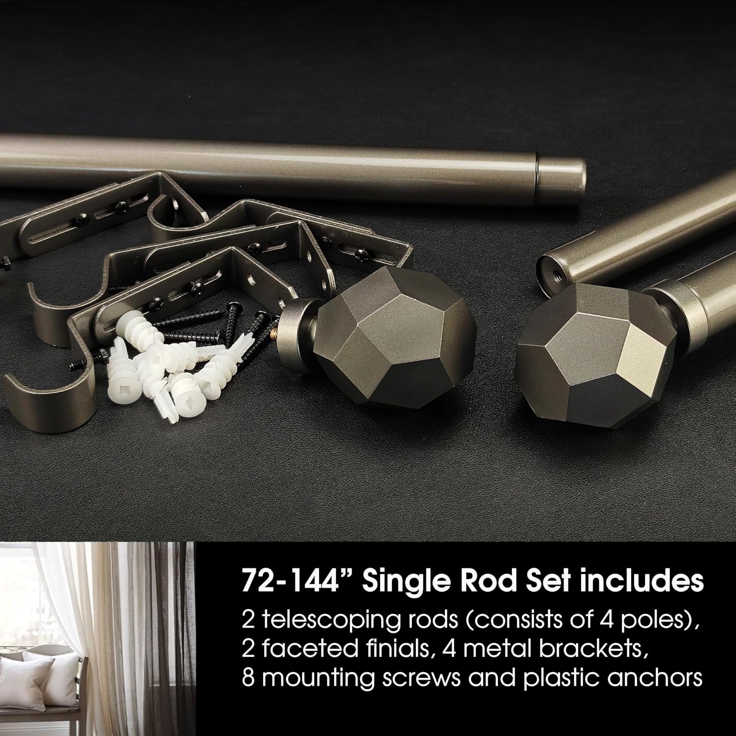1-1/8 Inch Diameter Burnished Silver Curtain Rod with Geometric Faceted Finials, 72-144'' Telescoping Single Curtain Rods for window width 68-140 inch, 1 pack