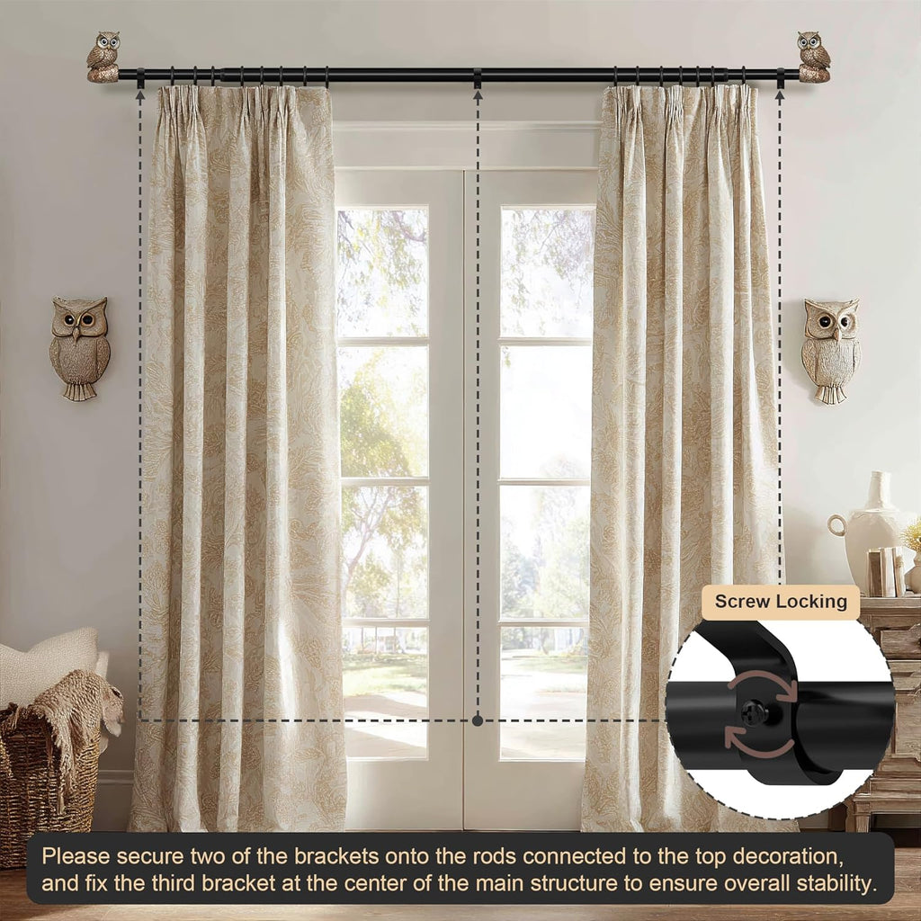 2 Pack Vintage Decorative Black Curtain Rods for Windows 48 to 84 Inch Adjustable Heavy Duty 1'' Diameter Curtain Rod with Owl Finials for Bedroom Living Room Kitchen Farmhouse (36-88'')