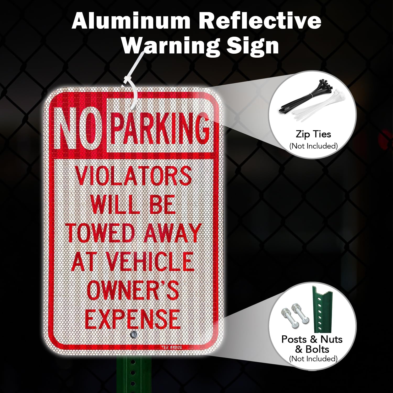 T&R (4 Pack) Large No Parking Sign, Violators Will Be Towed Away at Vehicle Owner's Expense Sign, 18" x 12" Engineer Grade Reflective Sheeting, Rust Free Aluminum, Weather Resistant, Waterproof, Fade Resistant, 2 Pre-drilled Holes