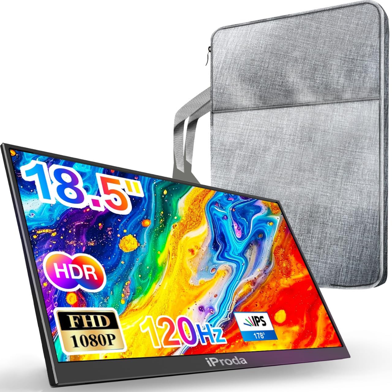 18.5" Portable Monitor 120Hz FHD 1080P, USB-C HDMI Laptop Screen Extender, Second Display for Laptop/PC/Mac/PS5/PS4/Switch, Travel Monitor with Protective Sleeve, VESA Mountable