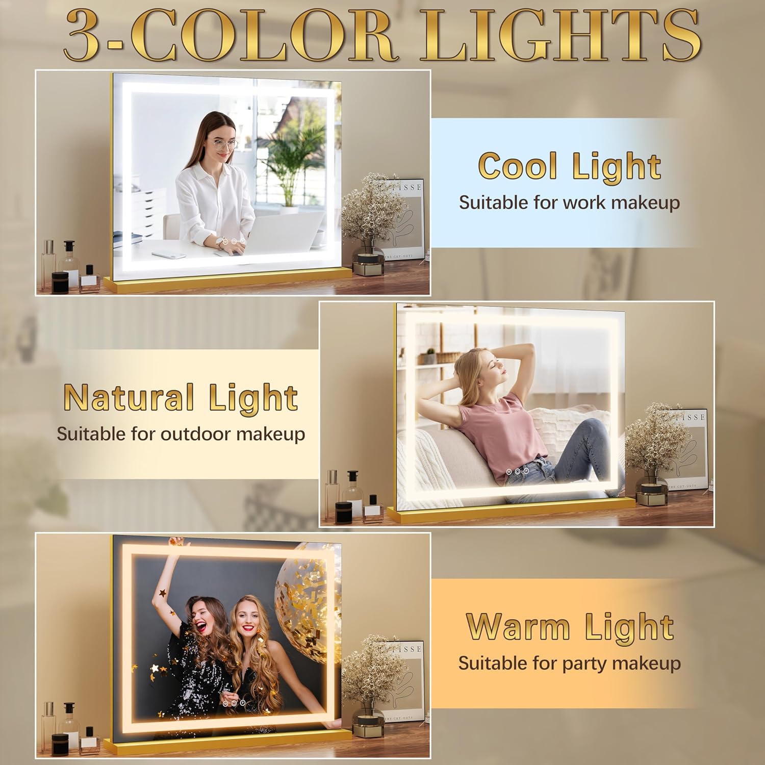 ROLOVE Gold Vanity Mirror with Lights 23x18 Inch, 3-Color Dimmable LED & Touch Control - Large Makeup Mirror for Dressing Room (Wall/Tabletop Mount)