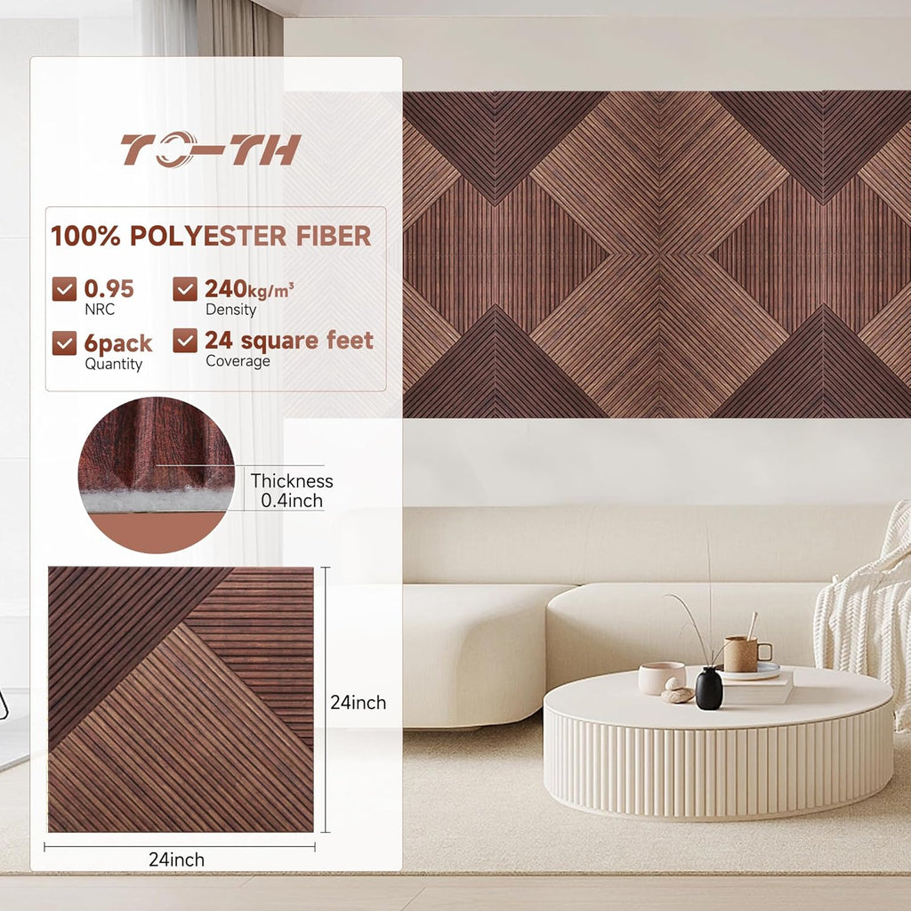 TO-TH Acoustic Panels for Wall and Ceiling - 6 Pack 2'x2'x0.4",Self-Adhesive 3D UV Printing Decorative Wall Panels with Wood Look,Red Sandalwood