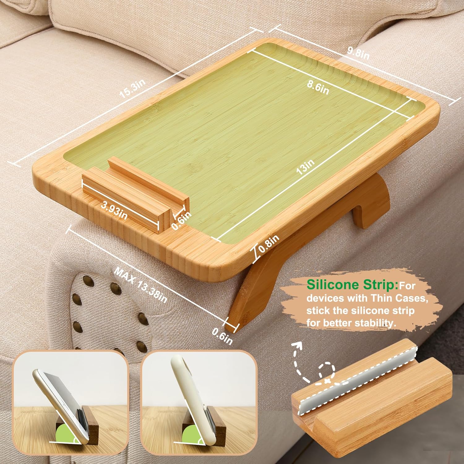 SINWANT Couch Arm Tray,Bamboo Sofa Clip on Side Table,Foldable Couch Armrest Table with 360° Phone Holder,Food Trays for Eating/Drinks/Snacks/Remote