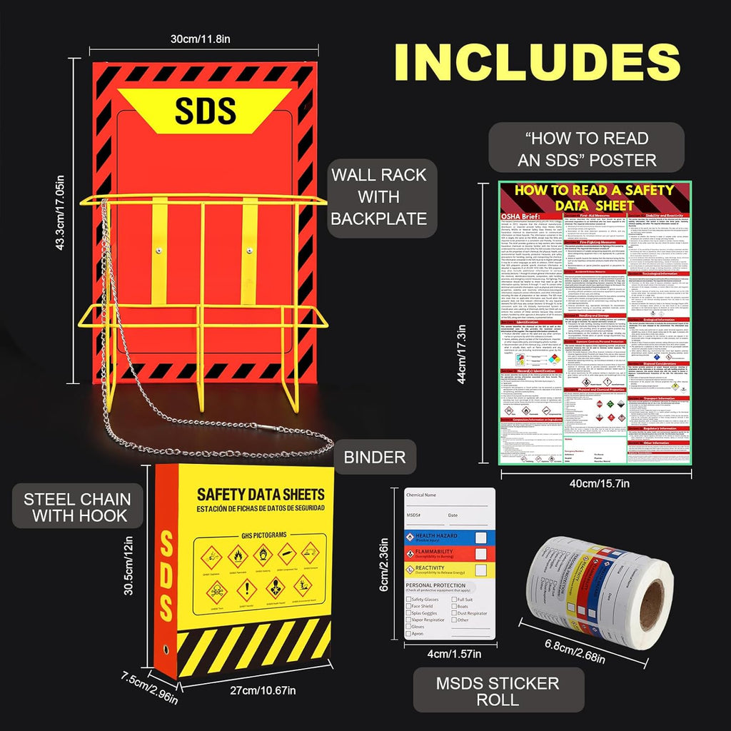 Lontcs MSDS SDS Binder and Wall Station Set,Yellow Heavy Duty 3 Inch Material Safety Data Sheet 3 Ring Binder with SDS Wire Rack and Display Sign,Chain,Safety Posters,MSDS Labels,Binder Wall Mount