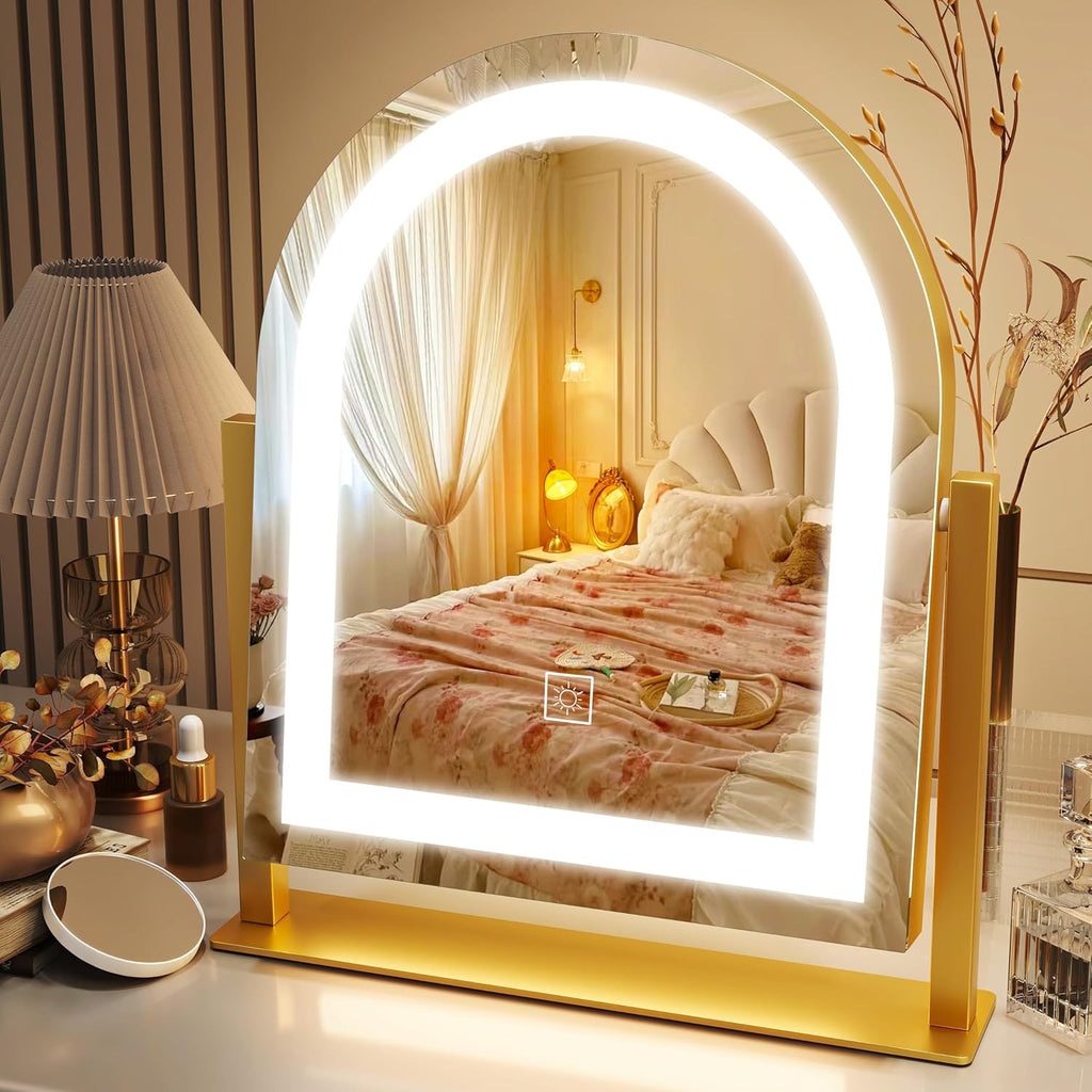 ROLOVE Lighted Makeup Mirror with 3-Color Dimmable Lighting, with Removable 10x Magnifier, Smart Touch Control, 360° Rotation, 15" x 13" Hollywood Vanity Mirror for Tabletop Desk (Gold)