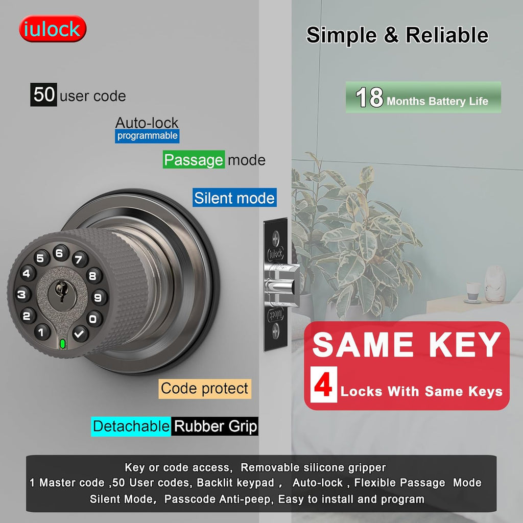 Smart Door Knob with Keypad and Key,Keyless Entry Door Lock with Rubber Grip, Auto Lock,50 User Code,Waterproof, Easy to Install and Program for Bedroom(Stain Nickel Same Key 4 Pack)