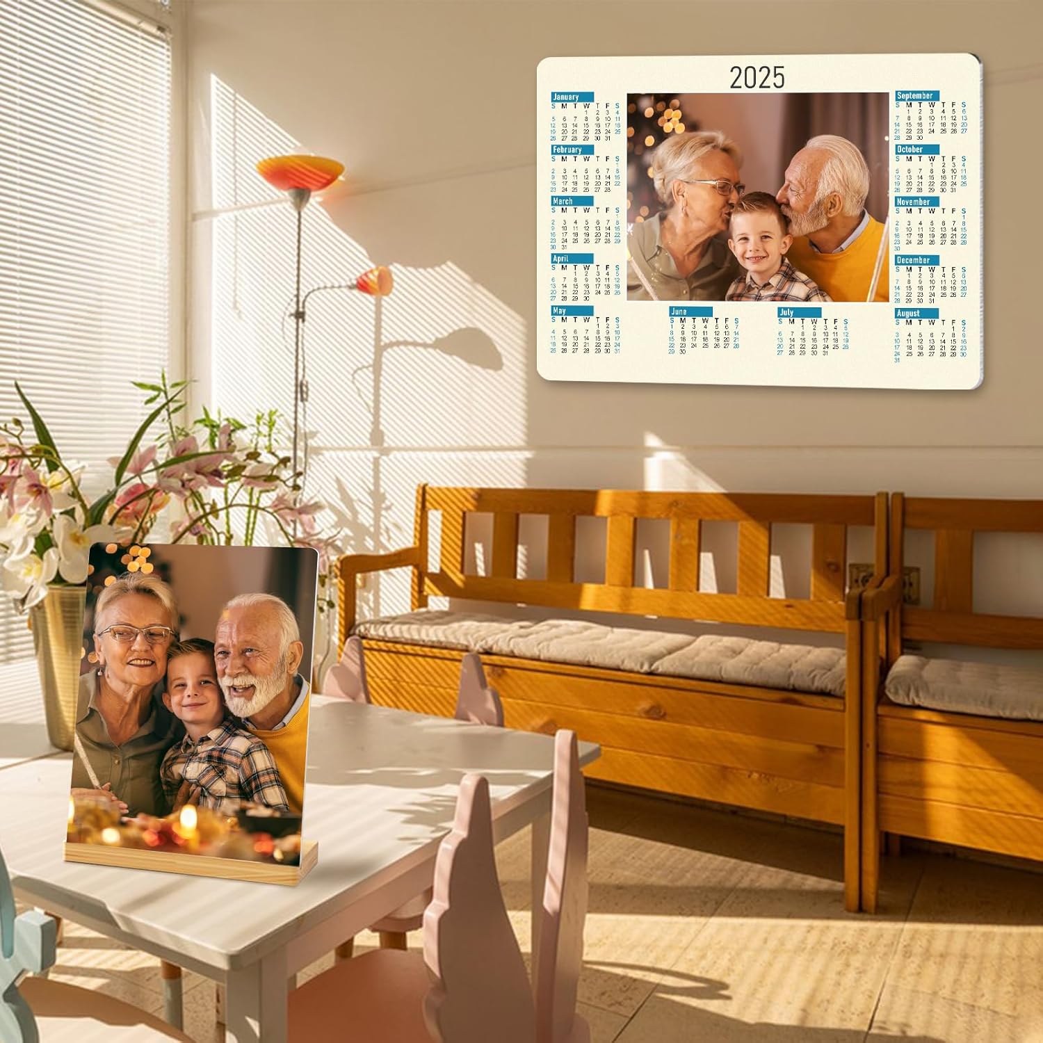 Custom Photo Prints - Metal Desktop Picture Frame with Photos & calendar & Wooden Base Personalized Gifts for Family Friends and Lovers, Optional Multiple Sizes