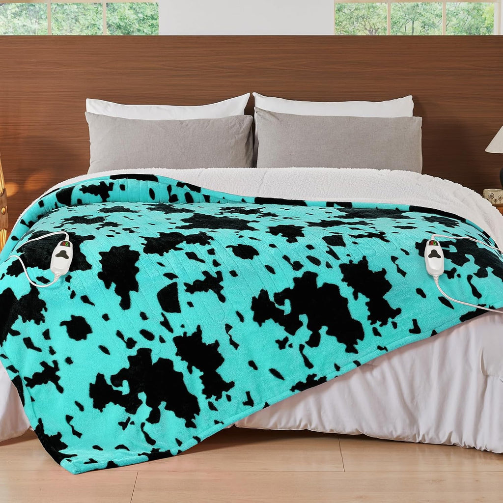 Cow Print Electric Heated Blanket Queen Size,84X90 Green Heating Blanket Queen With Dual Control&Timer&10 Heat Levels,Highland Cow Decor Fleece Sherpa Blankets Warmer Gifts for Bed Women Adults