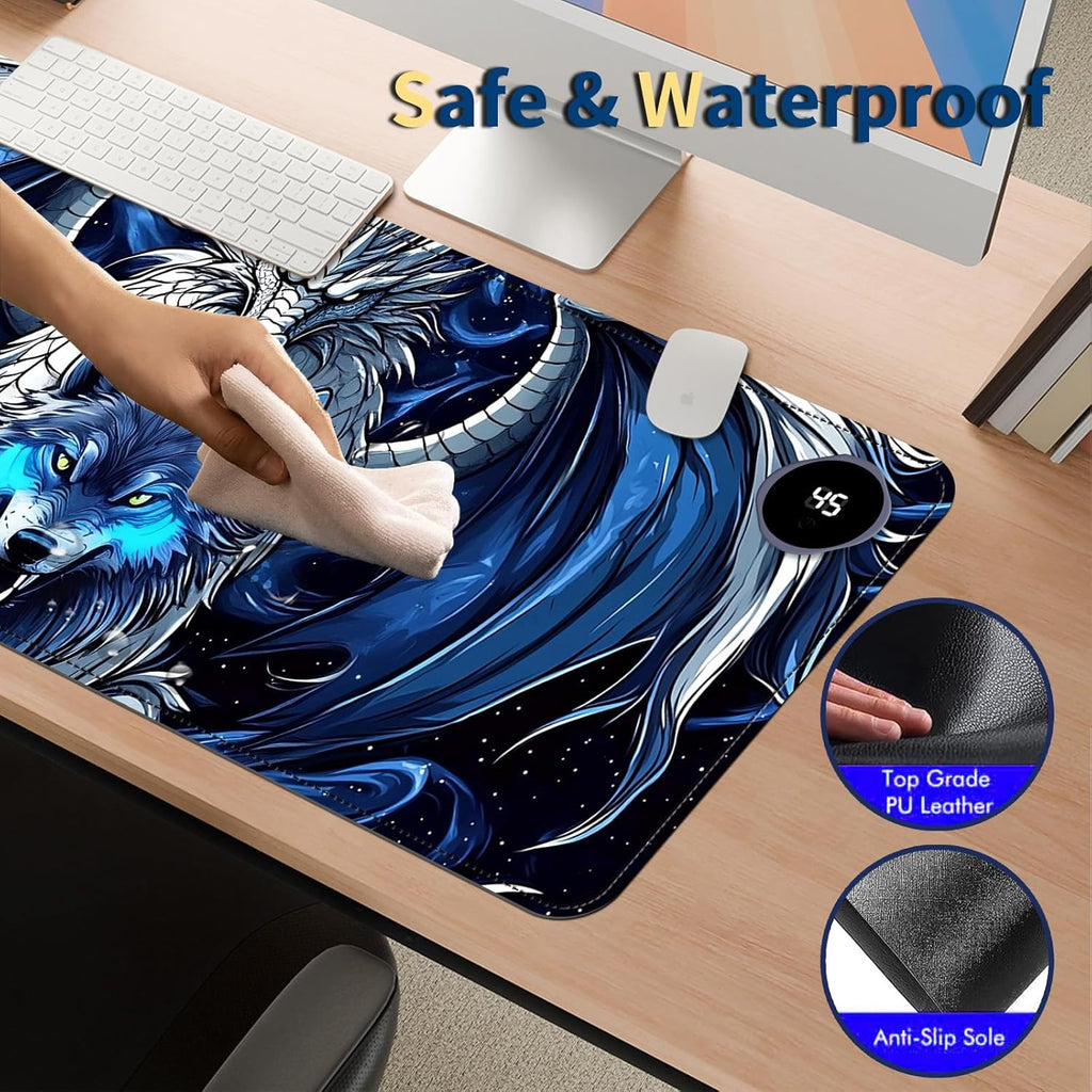 Heated Mouse Pad with 3 Temperature Settings(104°F–122°F),Large 31.5x13 Inch PU Leather Heated Desk Mat,Waterproof Warming Pad for Office,Gaming & Cold Hands Relief,Dragon and Wolf