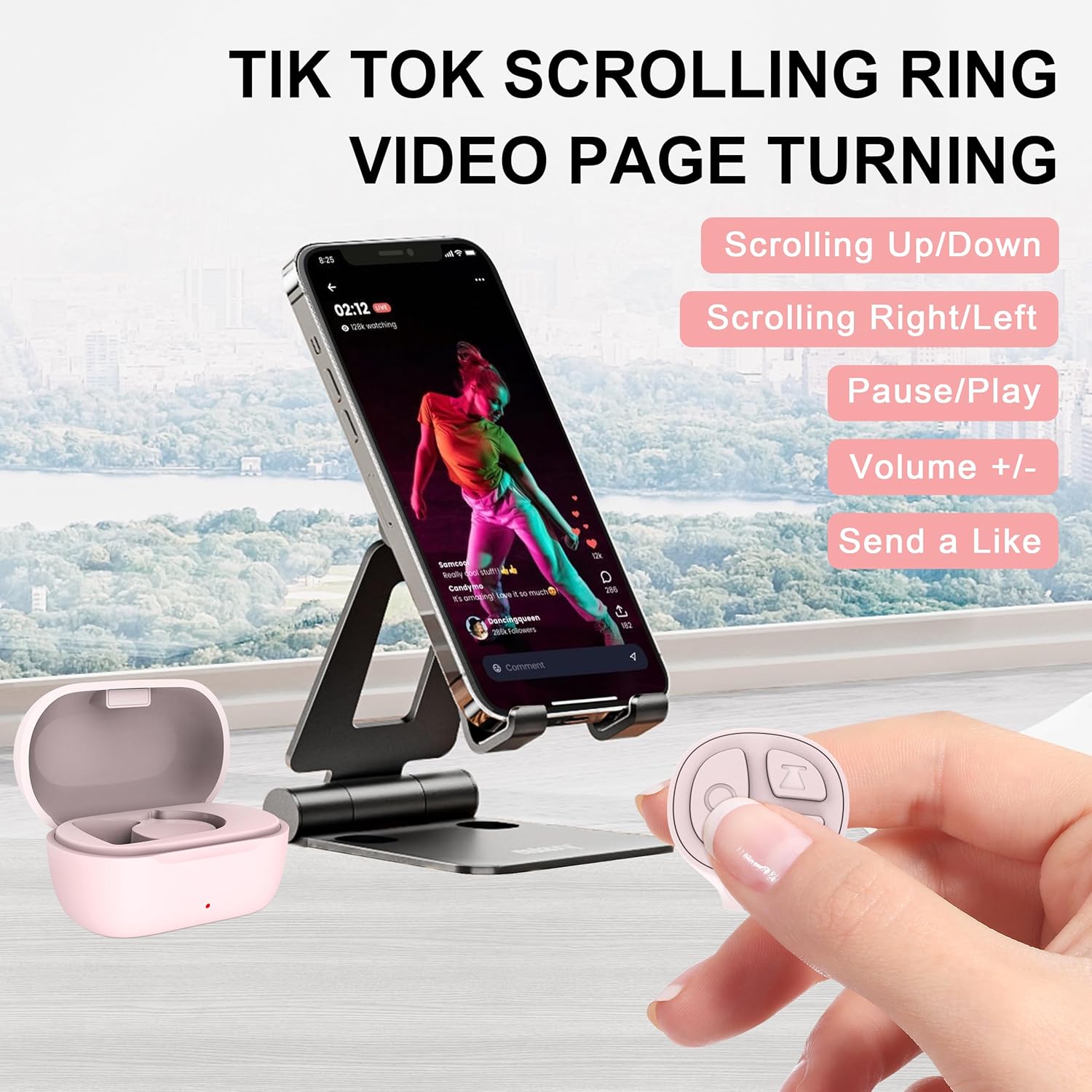 TikTok Scrolling Ring Bluetooth Camera Remote Control Page Turner for iPhone iPad Android Tablet Ebook Reading Scrolling Ring for iPhone TikTok (Baby Pink with Charging Case)