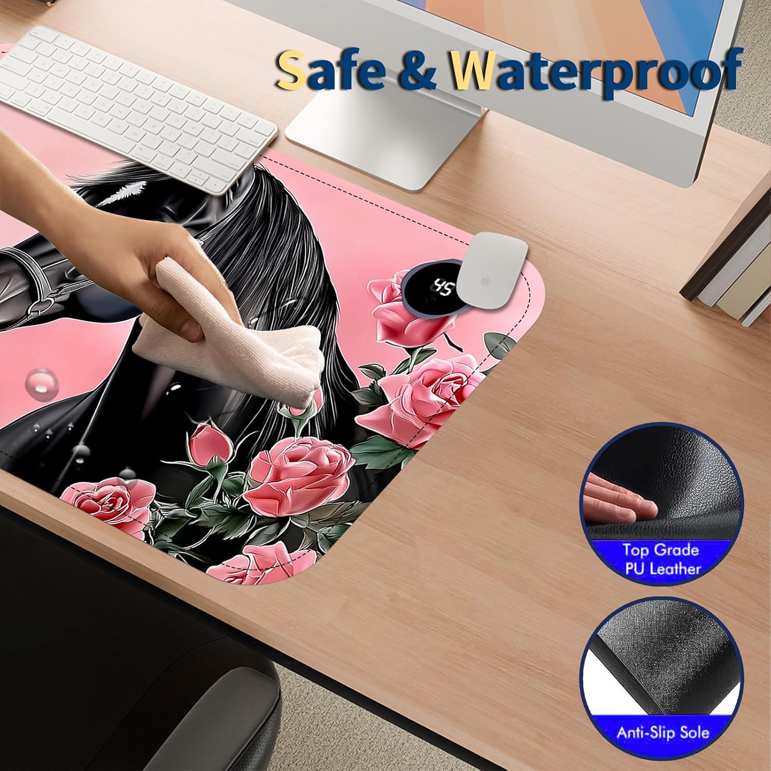 Heated Mouse Pad with 3 Temperature Settings(104°F–122°F),Large 24x14.2 Inch PU Leather Heated Desk Mat,Waterproof Warming Pad for Office,Gaming & Cold Hands Relief,Pink Rose Black Horse